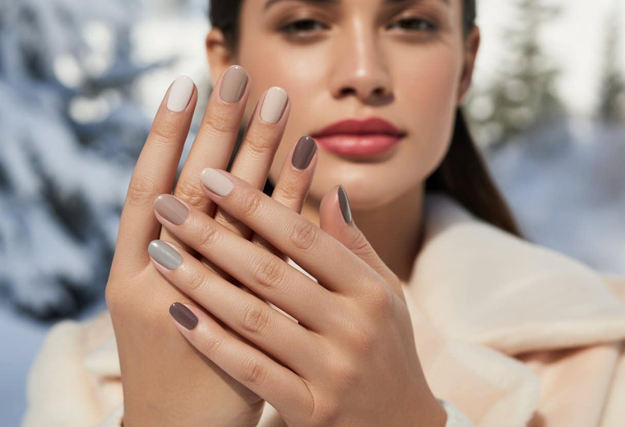 Mãos femininas com unhas pintadas em tons neutros usados no inverno, em fundo suave com cores frias.