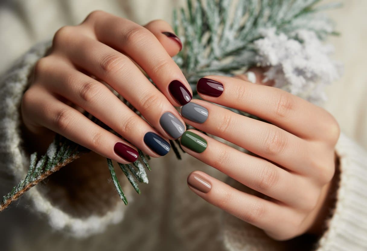 Mãos femininas com unhas pintadas em cinco cores elegantes de esmalte para o inverno, com fundo neutro e elementos sutis que remetem ao inverno.