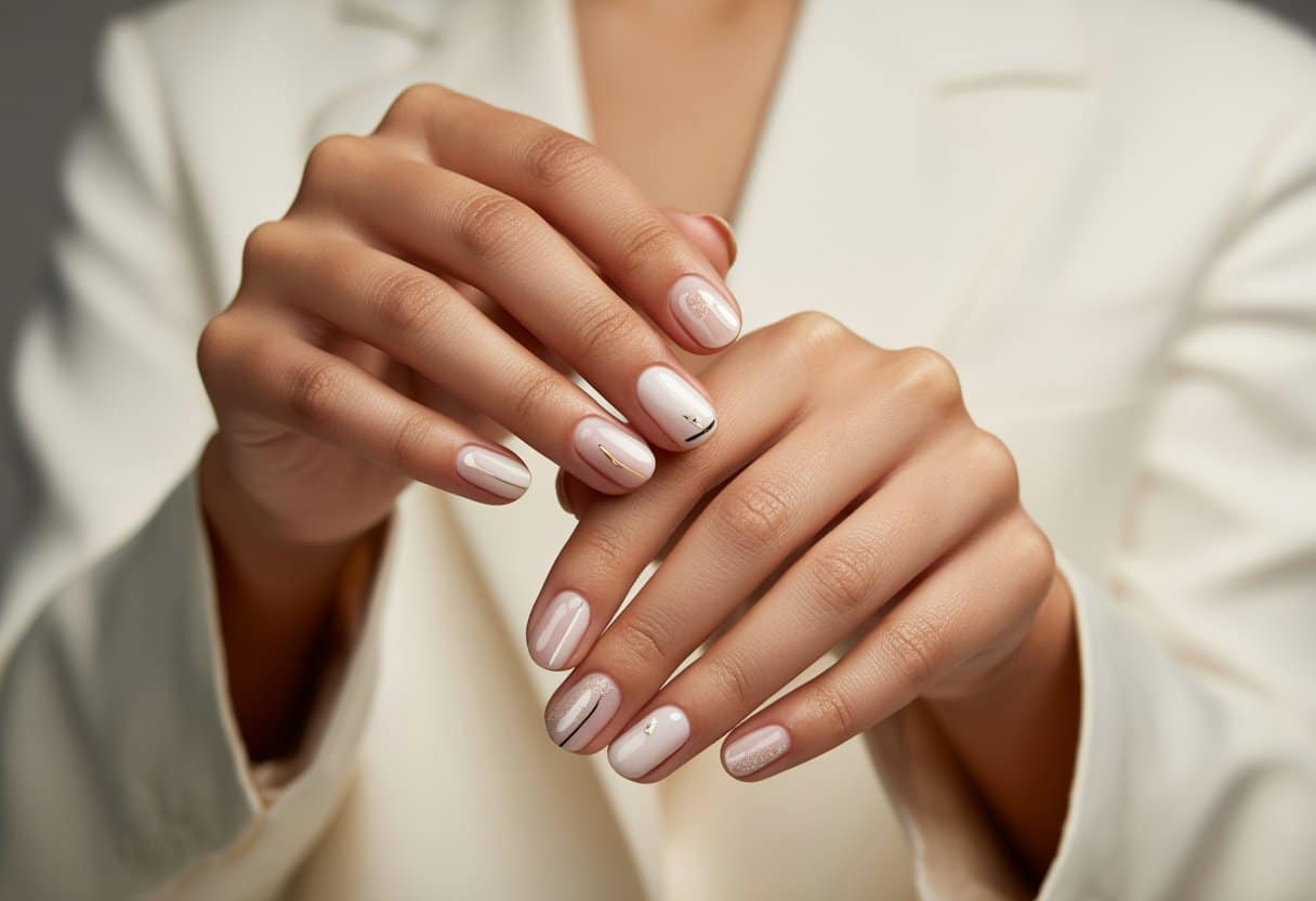 Mãos bem cuidadas mostrando unhas com uma tendência moderna e elegante, com cores neutras e detalhes delicados.