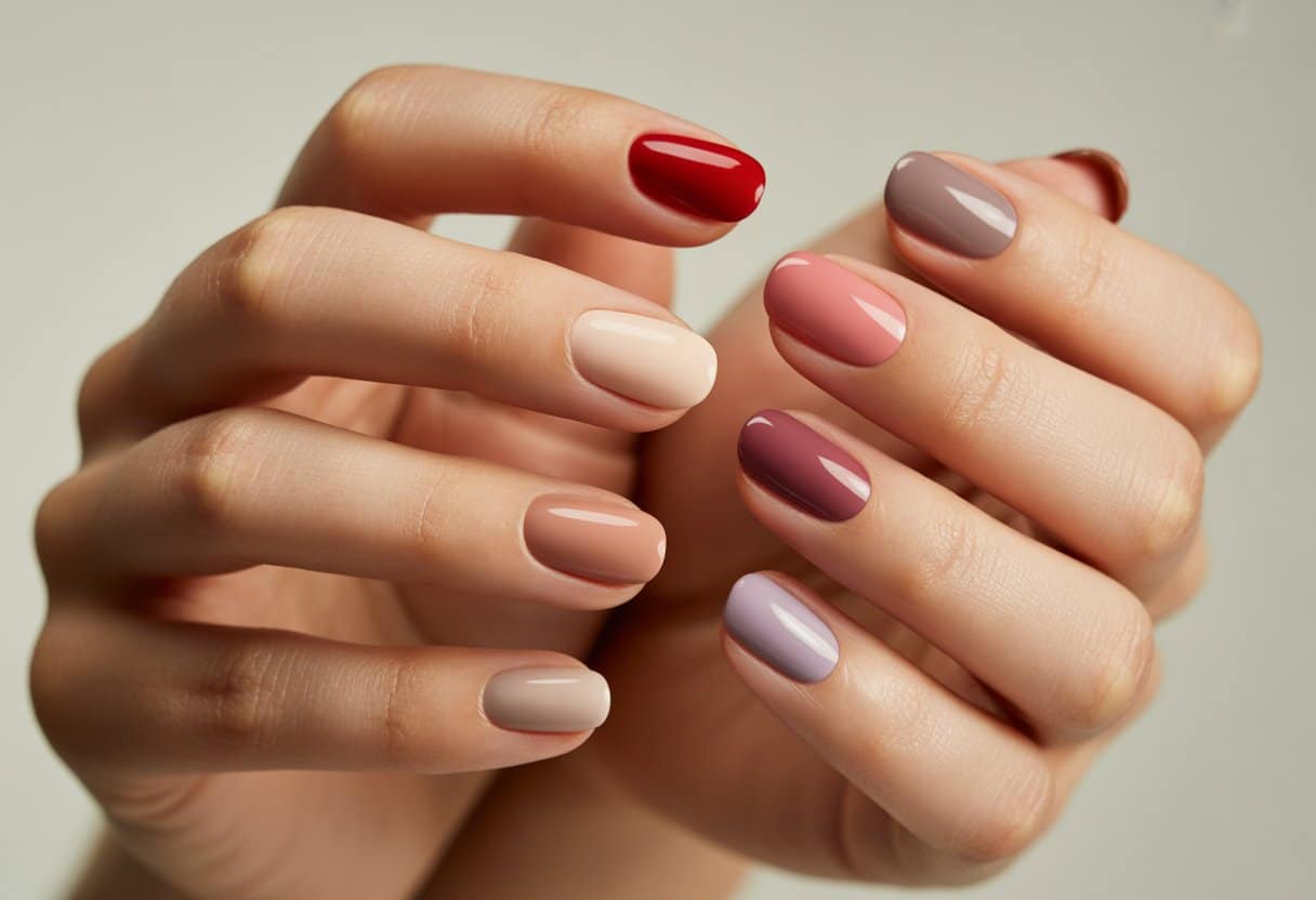 Mãos com unhas curtas e bem cuidadas pintadas em sete cores elegantes diferentes, posando sobre fundo neutro.