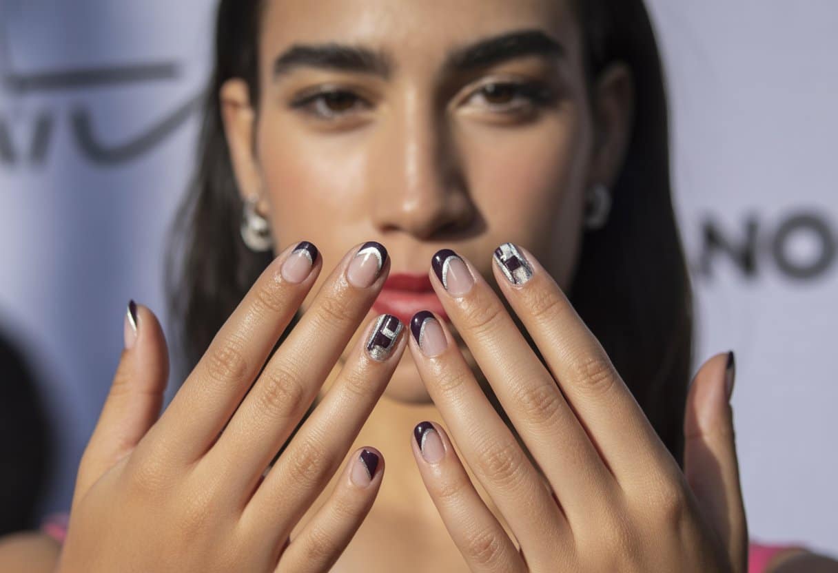 Close-up das unhas de uma mulher com uma arte de unha moderna e detalhada.