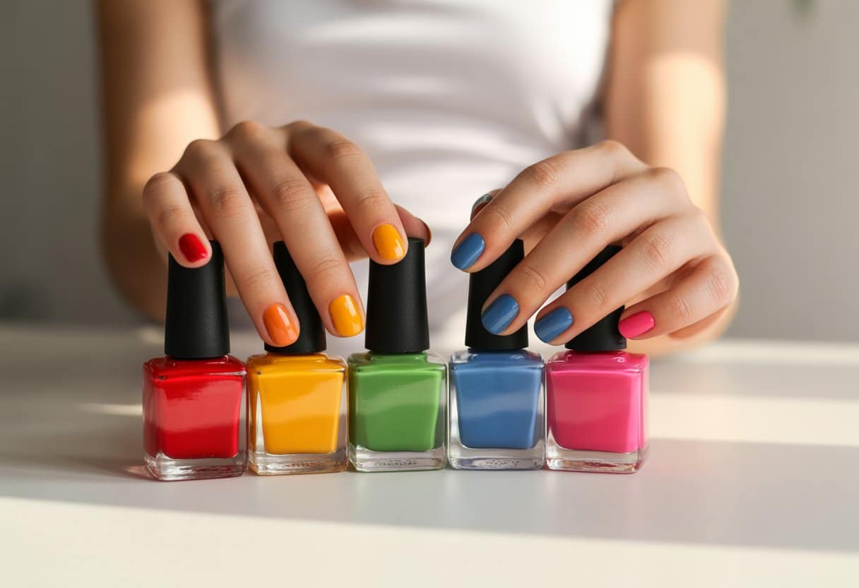 Seis frascos de esmalte coloridos e mãos com unhas pintadas em diferentes cores, dispostos sobre uma superfície branca, transmitindo uma sensação de alegria e cuidado pessoal.