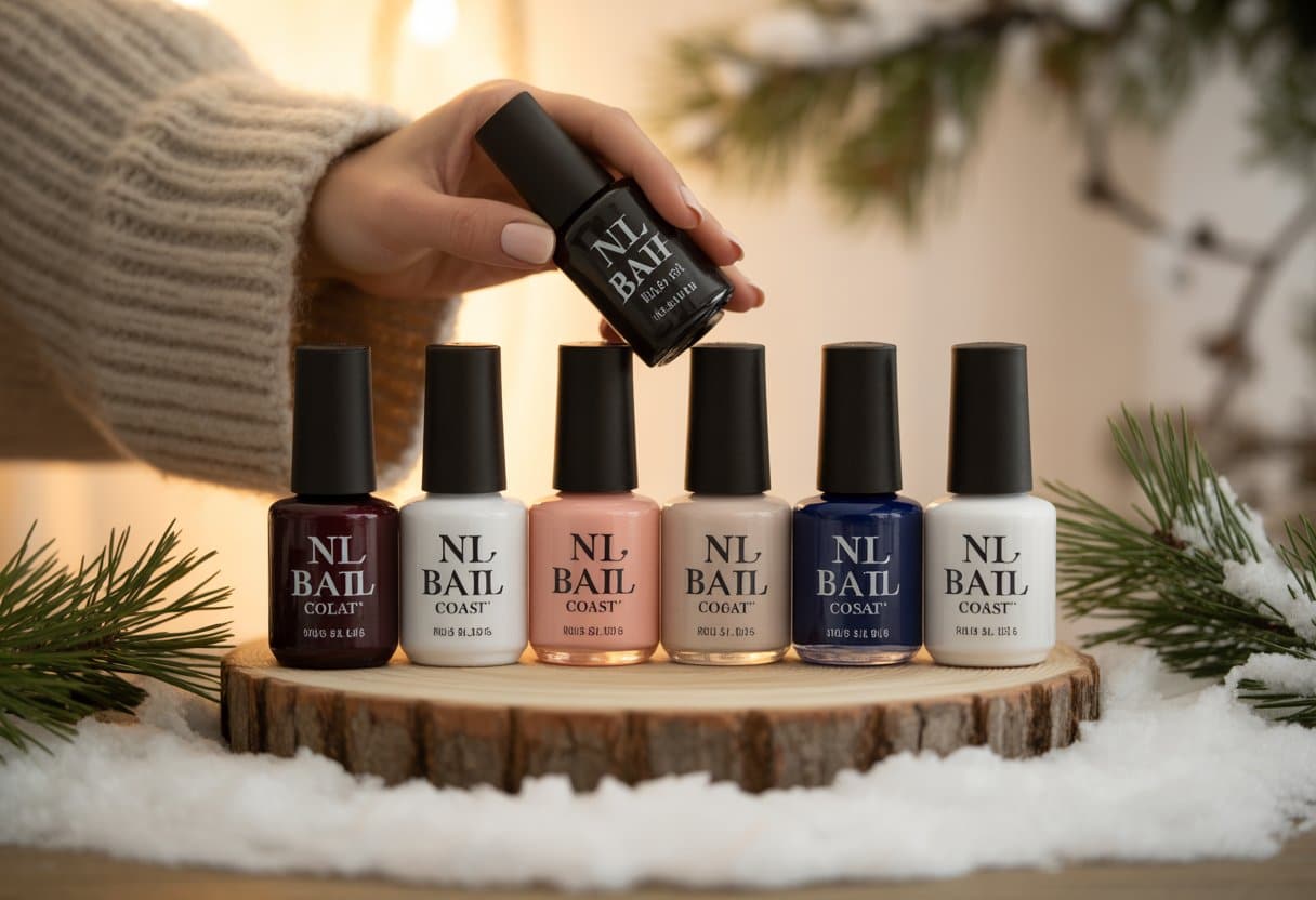 Seis frascos de base para unhas organizados sobre uma superfície de madeira, com elementos de inverno ao fundo e mãos segurando delicadamente um dos frascos.