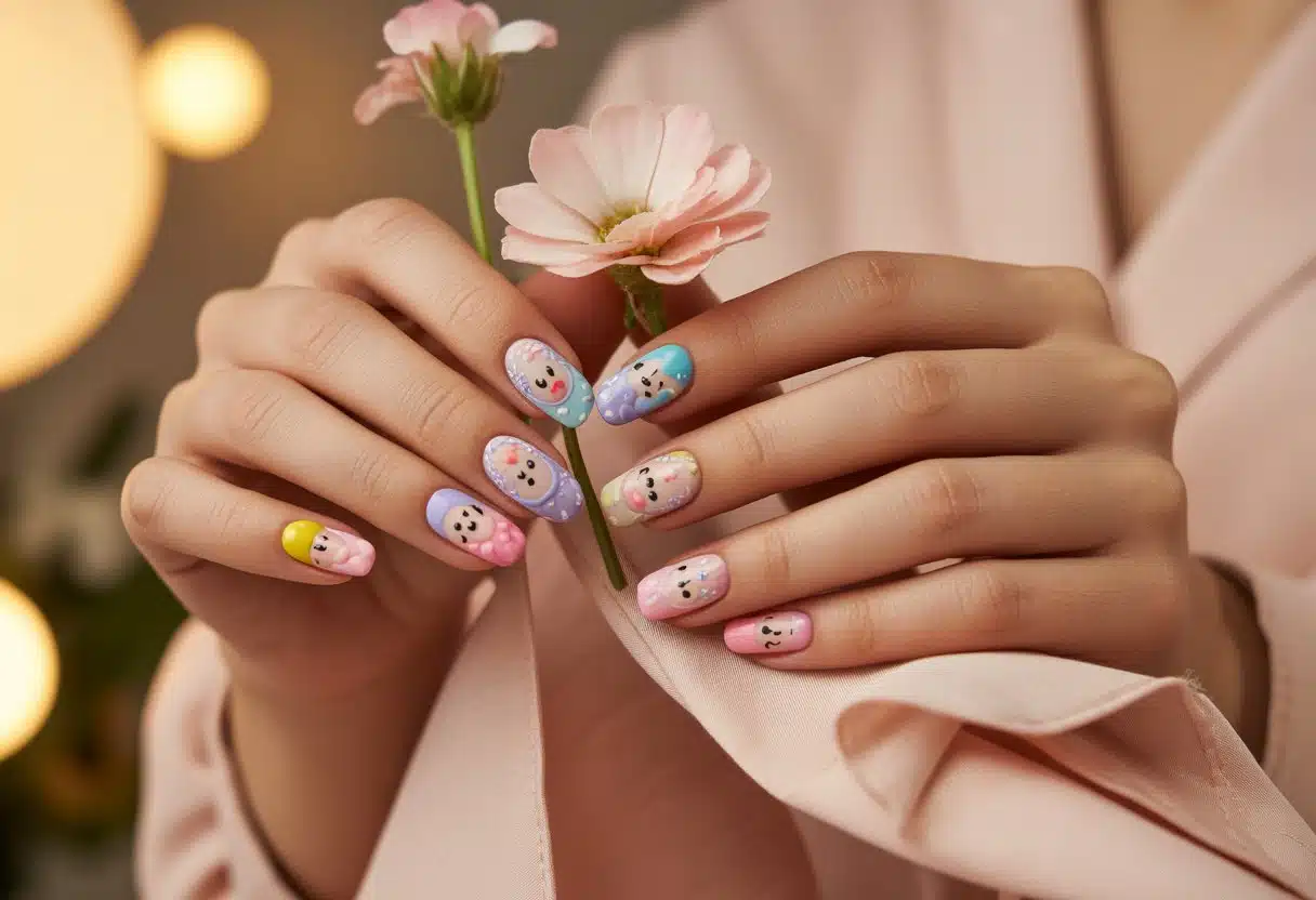 Mãos com unhas decoradas com nail art criativa e colorida segurando uma flor delicada.
