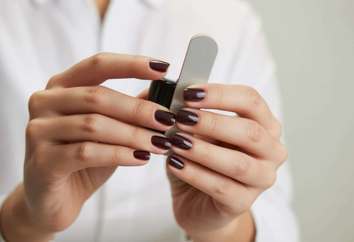 Mãos femininas bem cuidadas com esmalte escuro segurando um removedor de esmalte e uma lixa de unha sobre fundo branco.