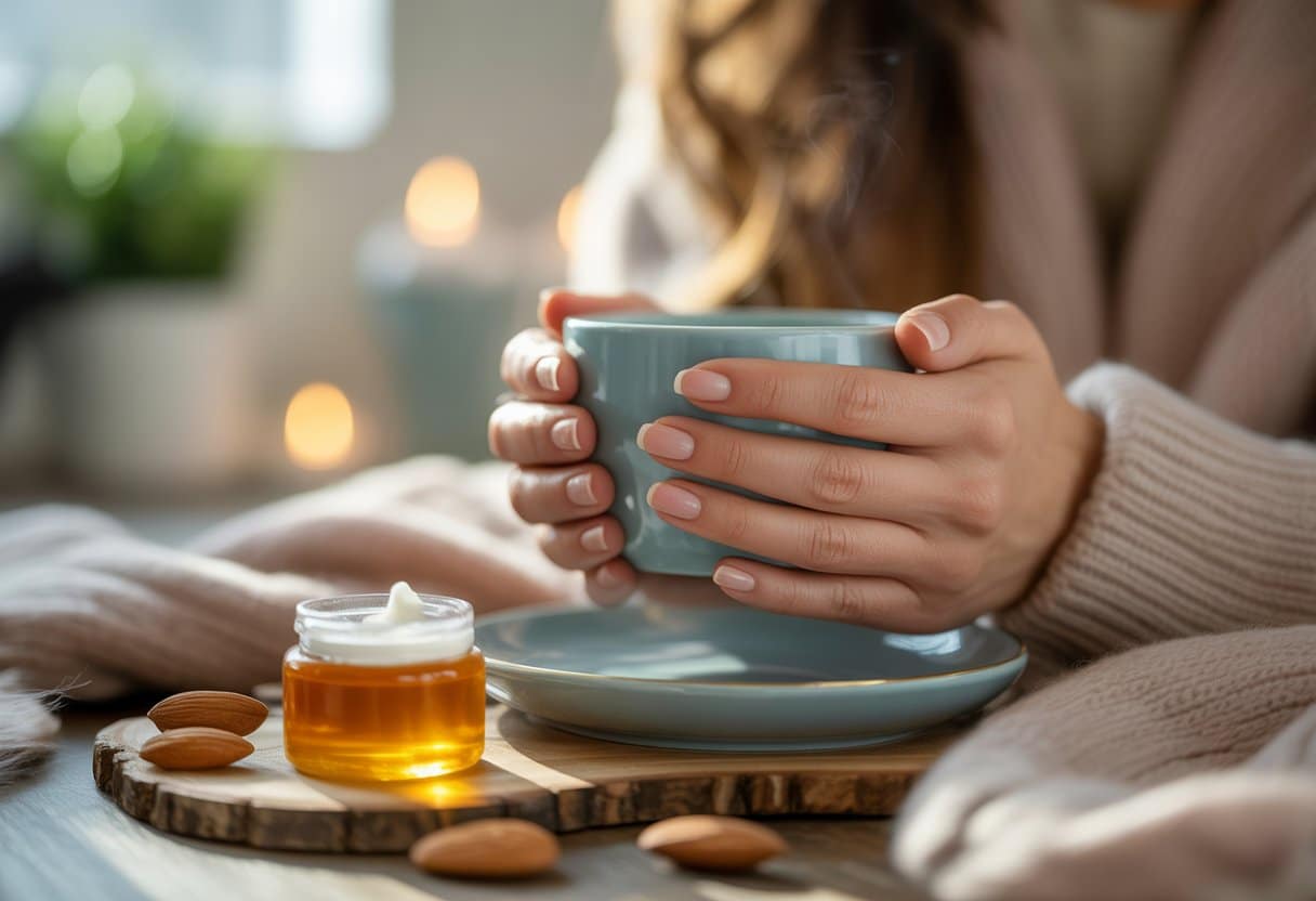Mãos femininas bem cuidadas segurando uma xícara de chá em ambiente aconchegante com elementos de cuidado para pele, cabelo e unhas no inverno.