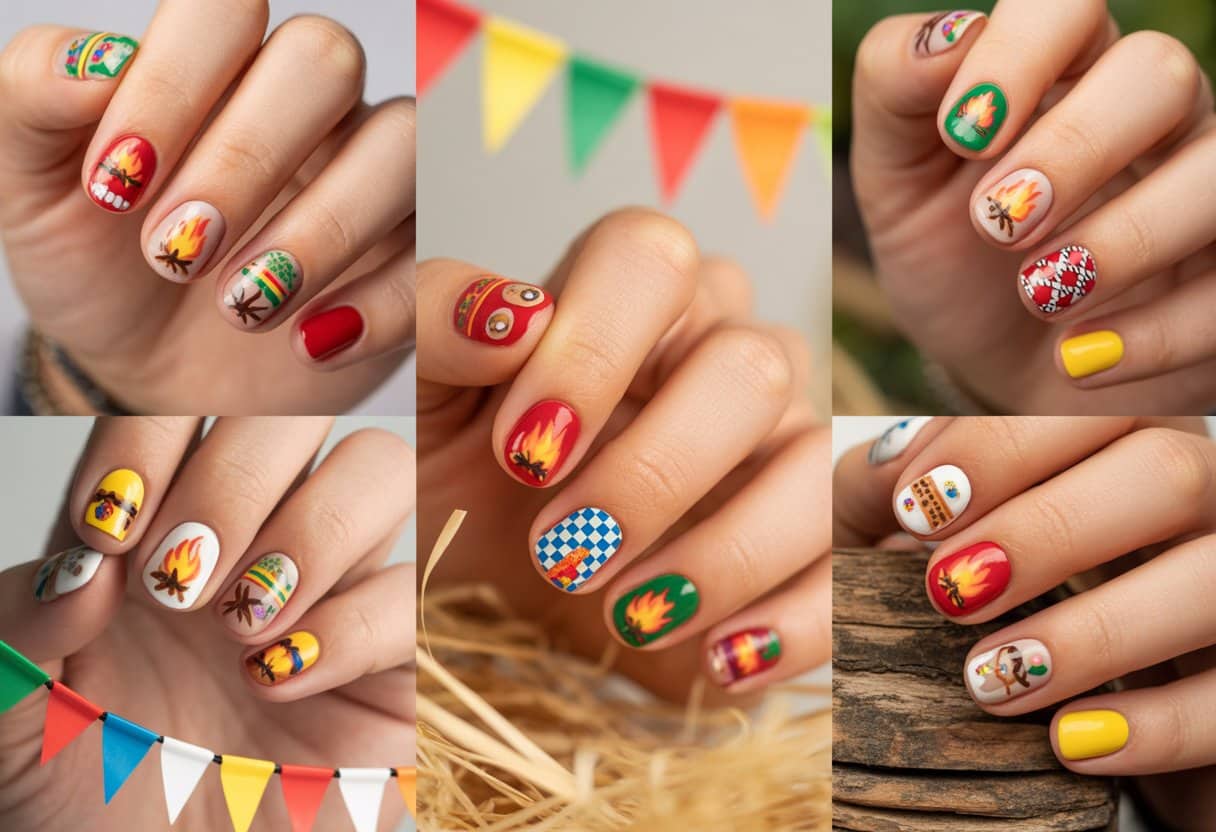 Mãos com cinco unhas decoradas com temas de festa julina, exibindo desenhos coloridos e festivos.
