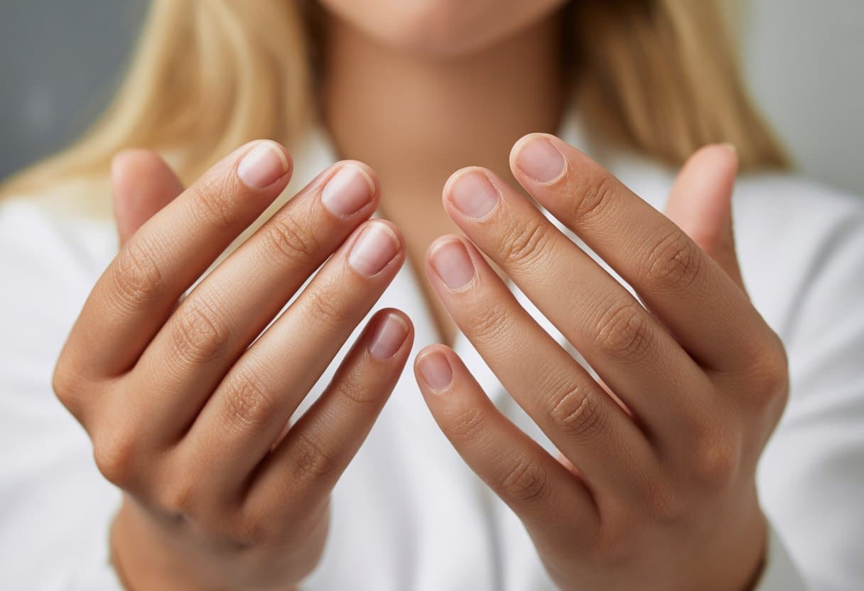 Mãos bem cuidadas em close, mostrando unhas naturais e saudáveis com variações sutis, em fundo neutro desfocado.